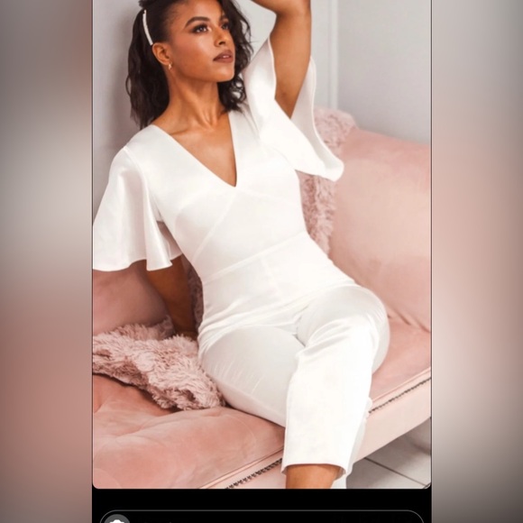 Lulus Forever Awaits White Satin Flutter Sleeve Jumpsuit LARGE - Picture 6 of 10